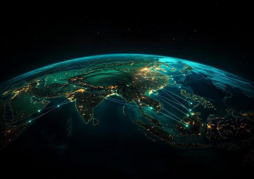 Stunning view of illuminated Asia from space showcasing global connectivity and the interconnected world, perfect for technology or business concepts