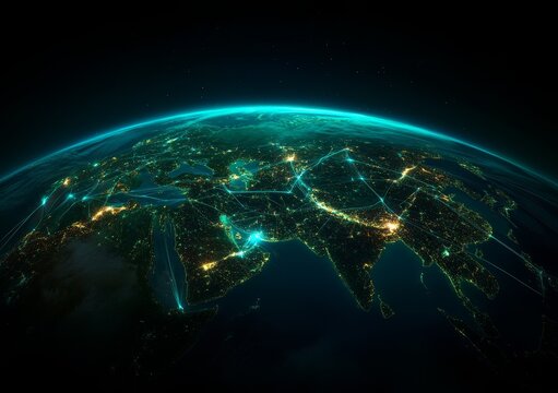 Experience global connectivity across Asia and the Middle East with glowing network lines showing digital infrastructure and communication hubs
