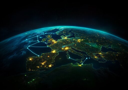 Stunning Europe from space shows interconnected global network, visualizing modern technology and international business connections across borders
