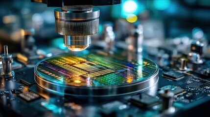 High-Tech Microscope Examining Colorful Microchip with Circuit Board Components in Laboratory Setting