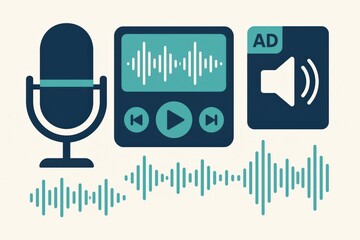 Audio production tools featuring a microphone, sound recording visualization, and modern player interface illustrating the essence of digital content creation captured with clarity