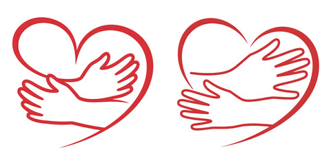 Red hands embracing heart shape embrace love