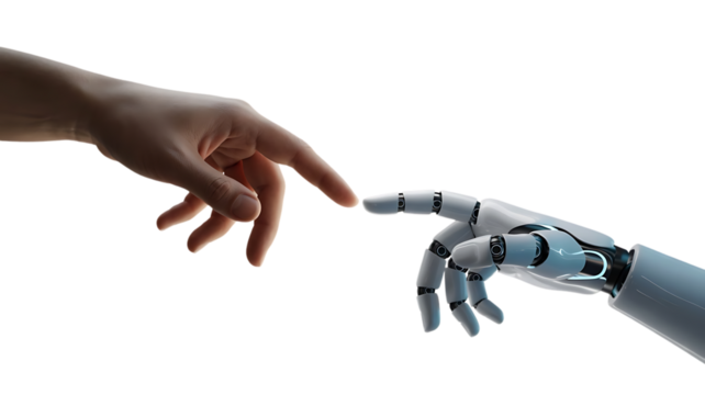 Human and robot fingers touching human hand robot hand
