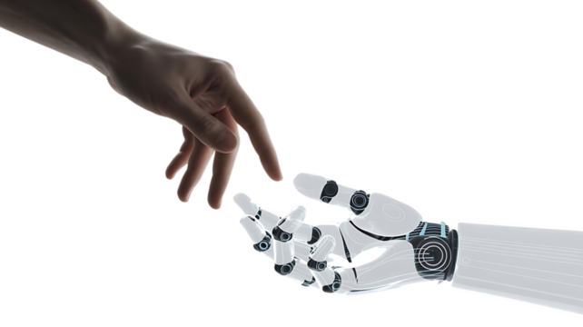Human hand reaching robotic hand artificial intelligence - Powered by Adobe