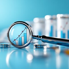 Magnifying glass highlighting business growth chart, symbolizing financial analysis and market trends for strategic planning and success