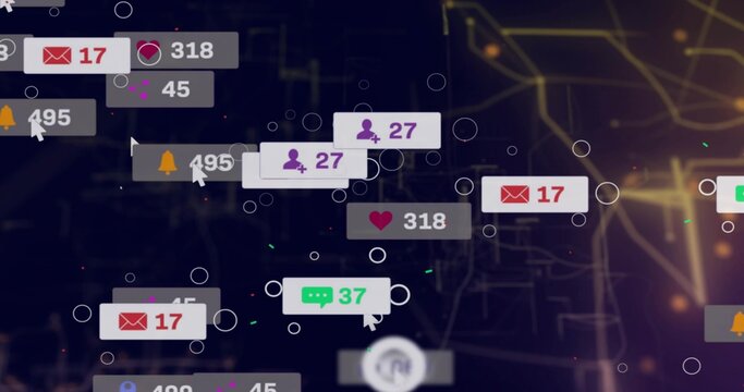 Floating envelope, heart, bell, user and chat icons drifting across interface, showing grid lines