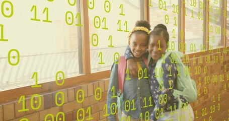 Children hugging in school corridor carrying backpacks, with green binary overlay, copy space