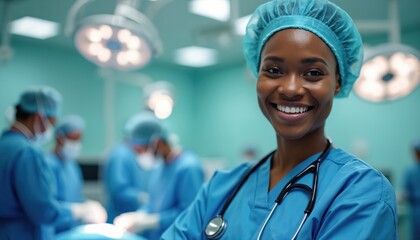 Smiling african american female surgeon in blue scrubs and cap wears stethoscope in operating room. Surgical team works in background under bright lights. Modern medicine care.