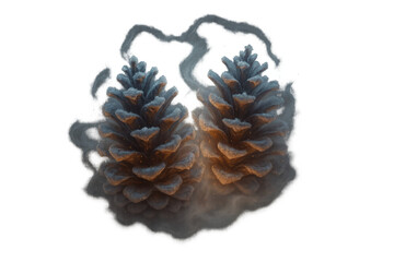 Pine cones covered in frost and glowing embers, creating a magical winter feeling with smoke on transparent background