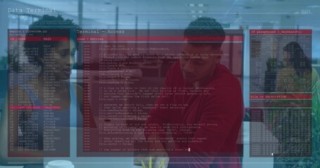 Collaborating three tech professionals reviewing projected code on glass in office, laptops, mugs