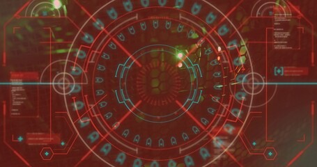 Displaying HUD projecting red circles and crosshair reticle in interface with data panels