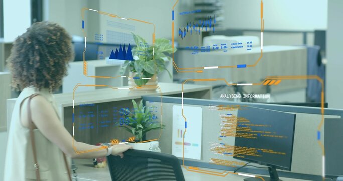 Gripping chair back, woman reviewing analytics in open-plan office, with data overlay, copy space