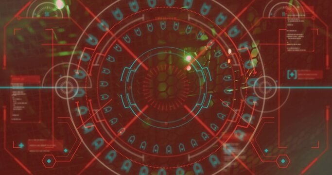 Displaying HUD projecting red circles and crosshair reticle in interface with data panels