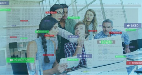 Collaborating team of six analyzing code overlays on laptop in glass-walled office, with smartphone