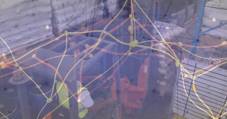 Forklift operator wearing safety gear lifting pallets of sacks in warehouse, with network overlay