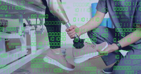 Extending patient's leg while therapist in scrubs guiding lever on bench in clinic, binary overlay