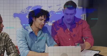 Collaborating three office colleagues analyzing laptop data in meeting room with world map overlay