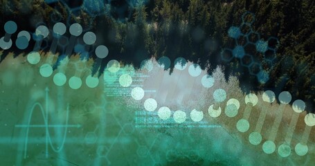 Obraz premium Floating DNA helix overlaying pine forest and turquoise lake, with hex patterns and code waves