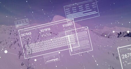 Projecting holographic interface showing keyboard, numeric panels, grid above snowy violet peaks