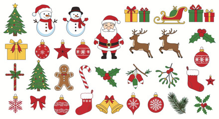 Naklejka premium Christmas themed clip art featuring Santa, reindeer, ornaments, gifts, and other holiday symbols.