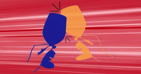 Clinking silhouette hands holding wine glasses in abstract graphic environment, vibrant toast