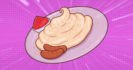 Displaying oval plate holding mashed potatoes, two sausages on pink pop-art backdrop with red sauce