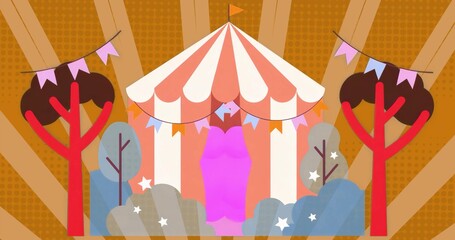 Showcasing large striped carnival tent standing outdoors, with trees, shrubs and colorful bunting © vectorfusionart
