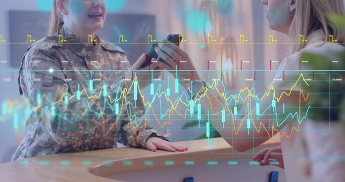 Soldier handing smartphone to desk clerk at wooden reception desk, showing holographic charts - Powered by Adobe