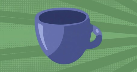 Floating large blue mug gliding against retro-themed green backdrop, with halftone burst pattern