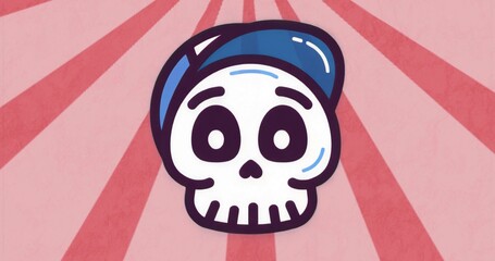 Displaying stylized white skull wearing blue backward baseball cap on pink radial stripe background