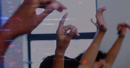 Raising three hands during IT training session, with code on projection screen and pen