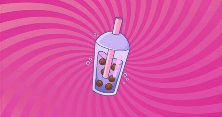 Floating bubble tea cup with domed straw lid showing pearls and bubbles against pink swirl backdrop © vectorfusionart