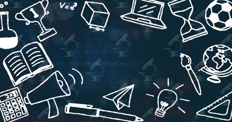 Featuring sketched science doodles filling frame on navy-blue board, with trophy, calculator