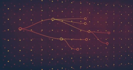 Displaying branching network diagram across digital space, with warm central node, glowing squares