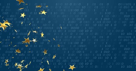Floating gold star shapes moving across digital interface, with binary digits overlay, copy space