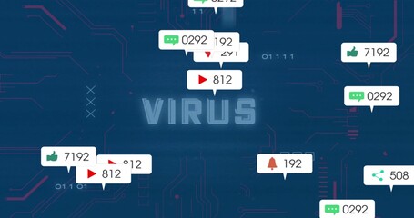 Displaying central 'VIRUS' text on blue circuit interface with notification icons