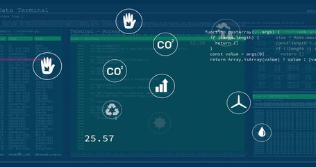 Displaying dashboard with code panels, encryption logs and environmental icons on teal screen