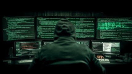 Mysterious hacker in hoodie analyzing code on multiple computer screens, data breach concept, cyber security, digital crime