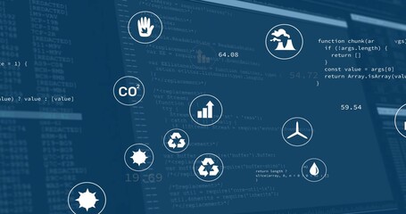Displaying environmental icons and metrics floating over code editor, with CO2 and recycling icons