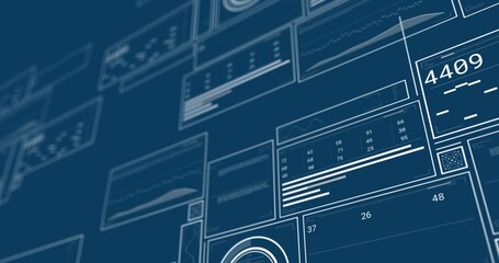 Floating semi-transparent UI panels displaying stats in dashboard, with line graphs and bar charts