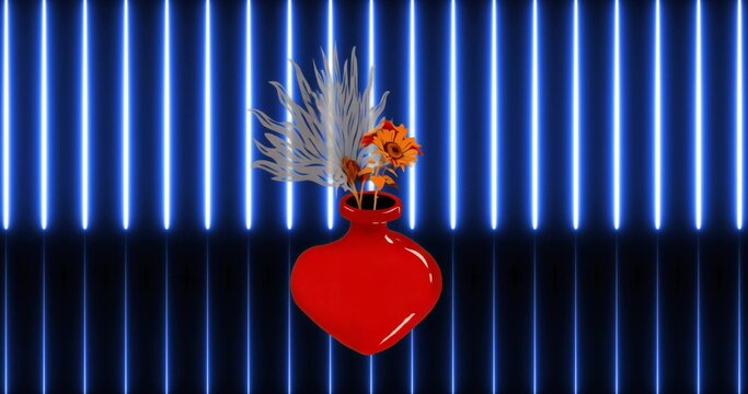 Red heart vase floating over studio floor with orange blooms, silver reeds, vertical neon-blue bars - Powered by Adobe