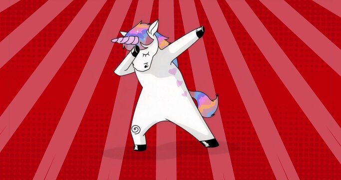 Fototapeta Dabbing white unicorn striking dab pose in red radial background, with rainbow mane and pink hearts