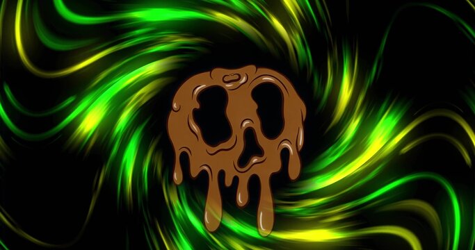 Twisting neon green and yellow rays swirling across black backdrop, with melted skull silhouette - Powered by Adobe
