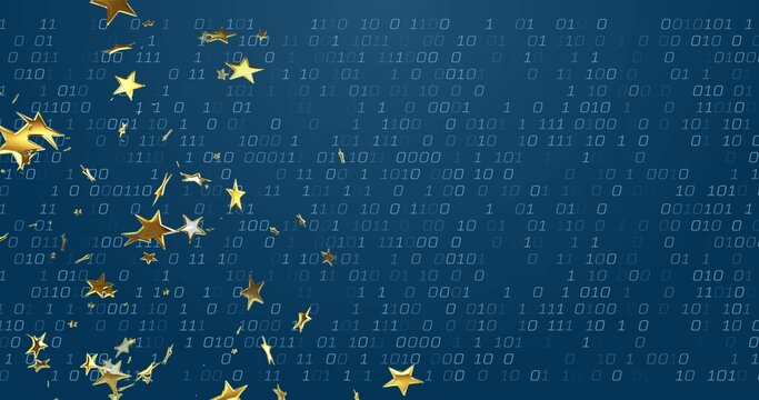 Floating gold star shapes moving across digital interface, with binary digits overlay, copy space