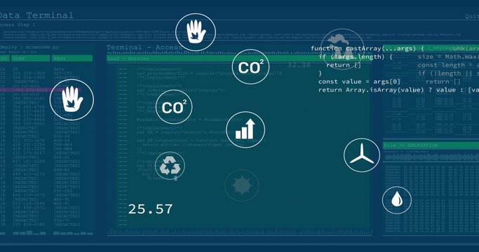 Displaying dashboard with code panels, encryption logs and environmental icons on teal screen