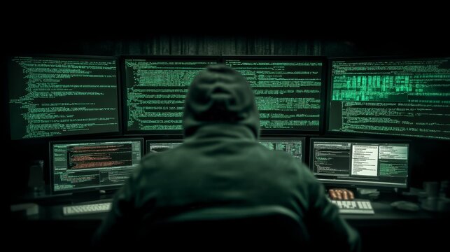 Mysterious hacker in hoodie analyzing code on multiple computer screens, data breach concept, cyber security, digital crime