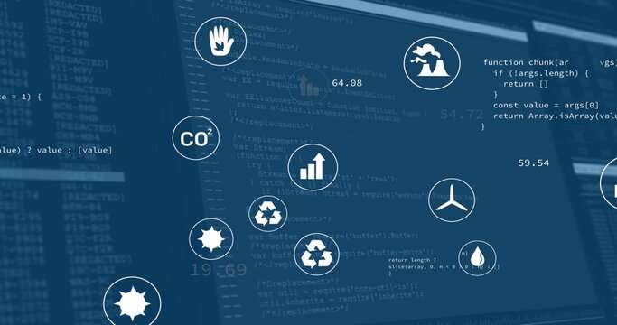 Displaying environmental icons and metrics floating over code editor, with CO2 and recycling icons - Powered by Adobe