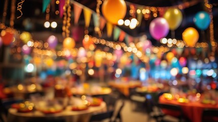 A festive, blurred scene featuring colorful balloons, string lights, and party decorations, creating a cheerful atmosphere for a celebration.