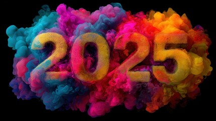 A vibrant, colorful representation of the year "2025," featuring swirling clouds of bright hues against a dark background.