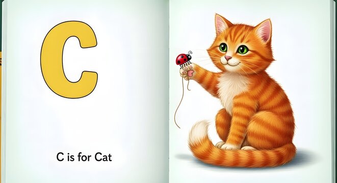 An open children's book showing the letter C and a cute orange tabby cat playing with a ladybug on a string.